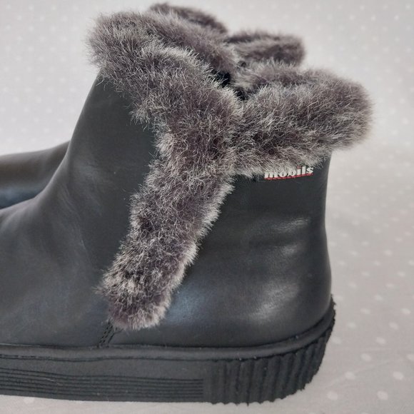 Mobils Elfia Black Smooth Leather Ankle Boots w/Faux Fur Trim Detail & Side Zip - Picture 3 of 11